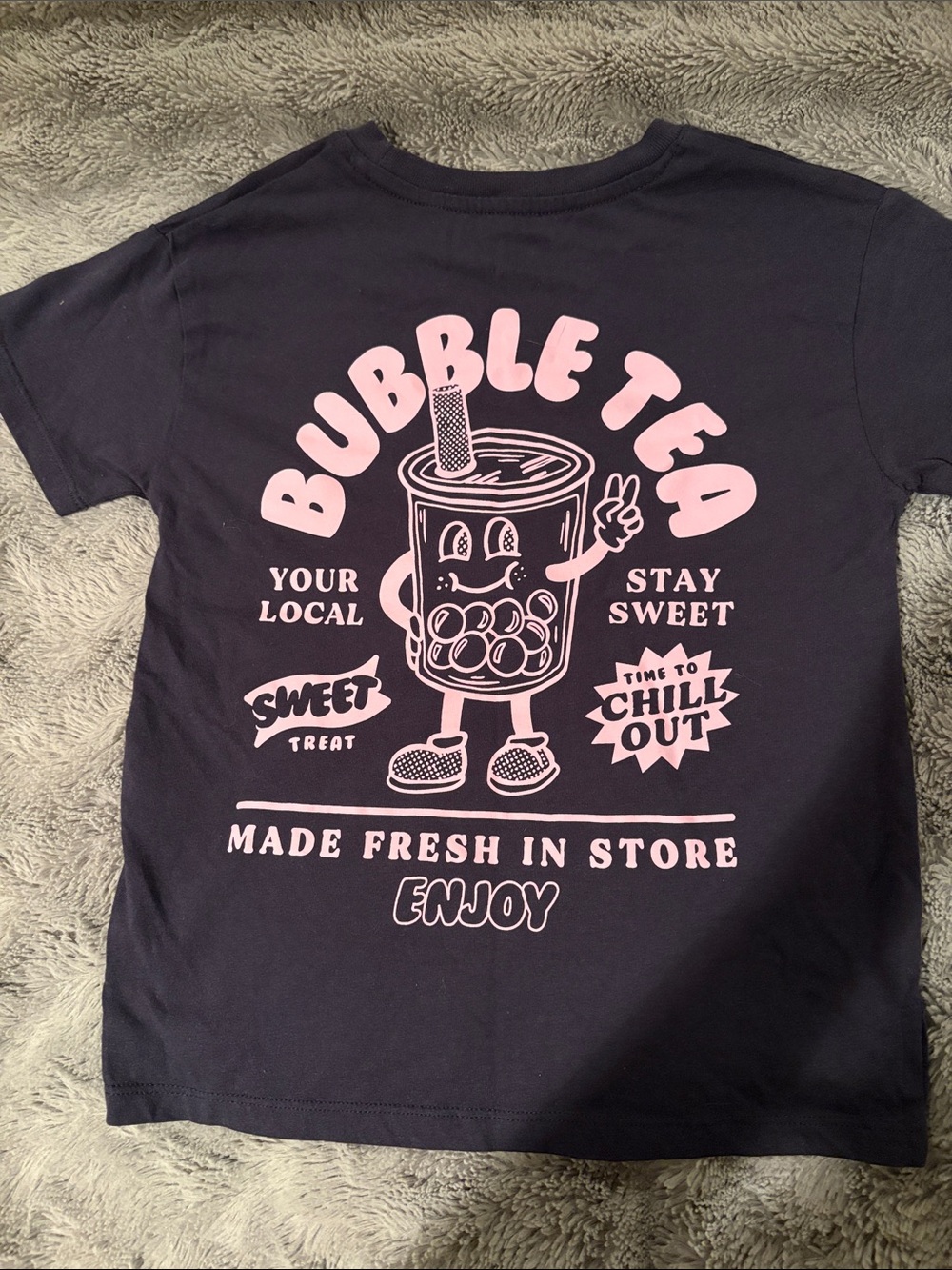 Cotton On Navy Tee with Pink Bubble Tea Graphic on back
